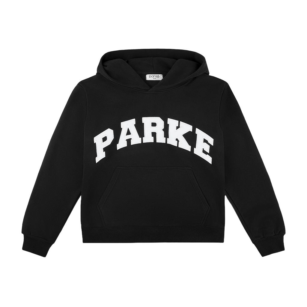 varsity hoodie sweatshirt flat lay - black + white