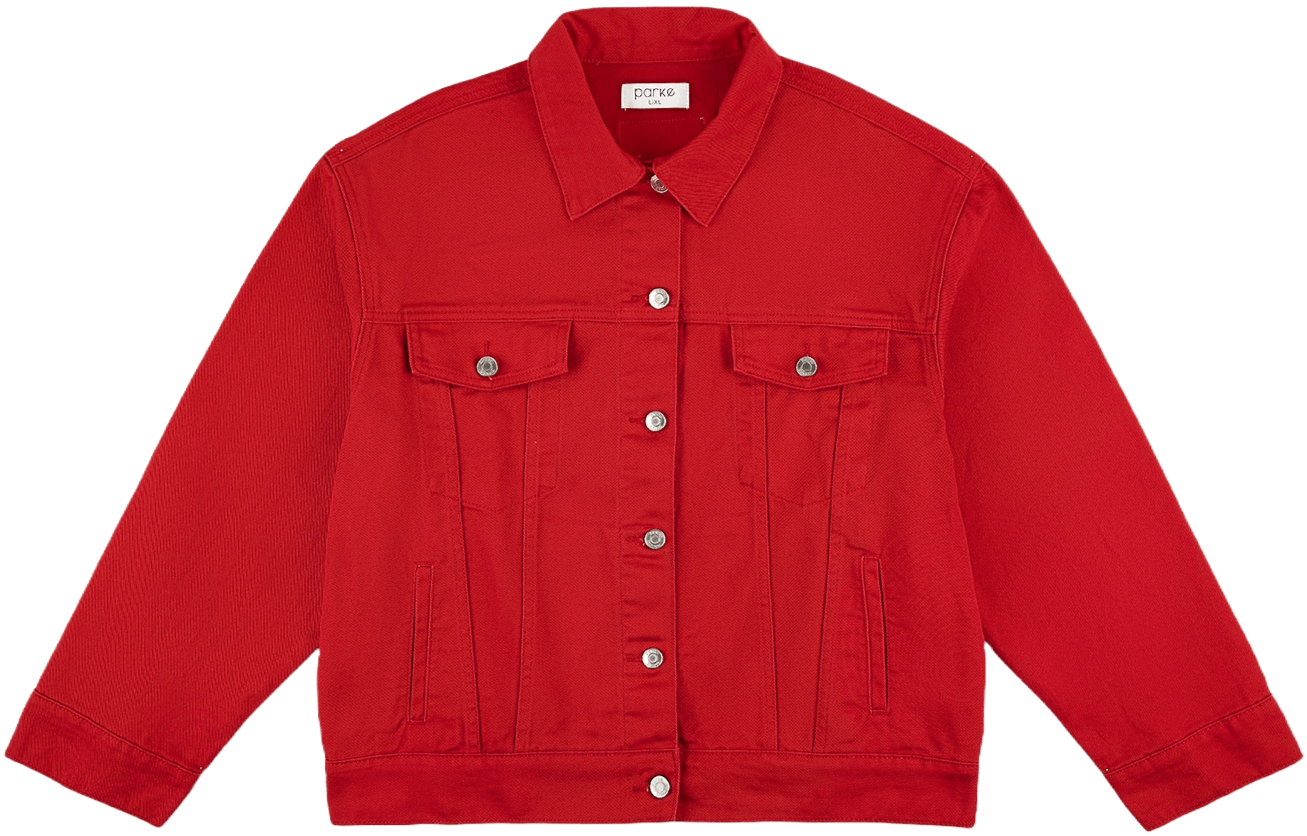 washed red oversized jean jacket flat lay -washed red